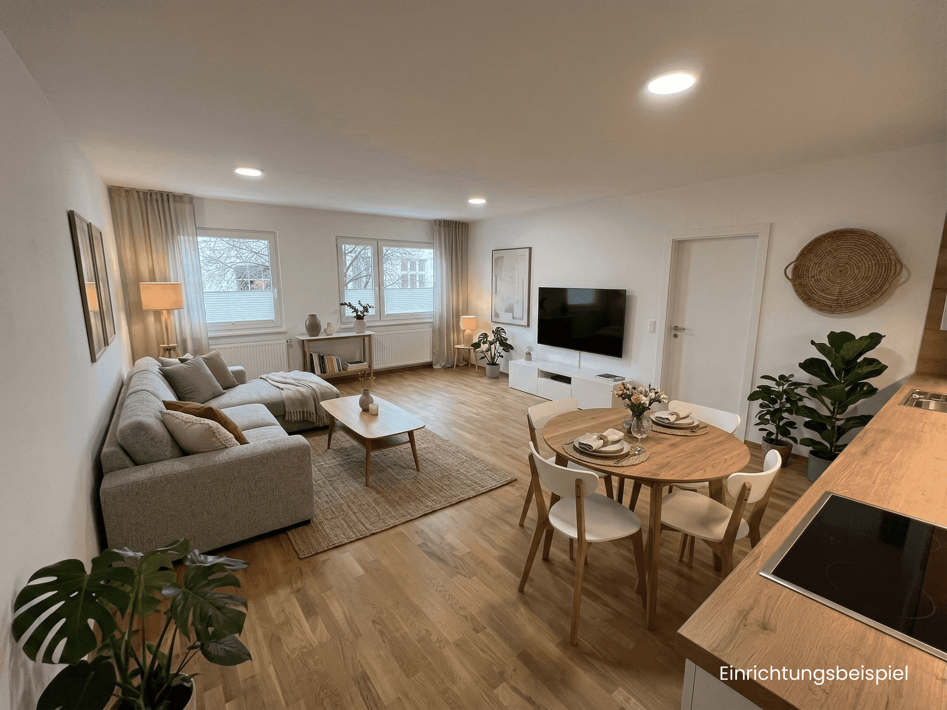 Modern eingerichteter Wohn-Essbereich mit Holzboden, Sofa und Esstisch, als Einrichtungsbeispiel.