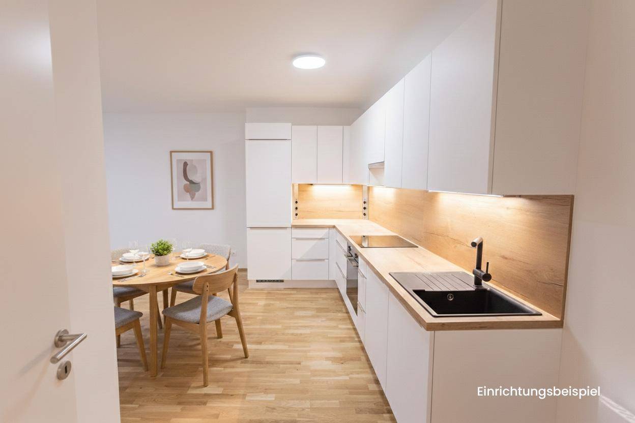 Moderne Küche mit Essbereich, weißen Schränken und Holzarbeitsplatte, als Einrichtungsbeispiel dargestellt.