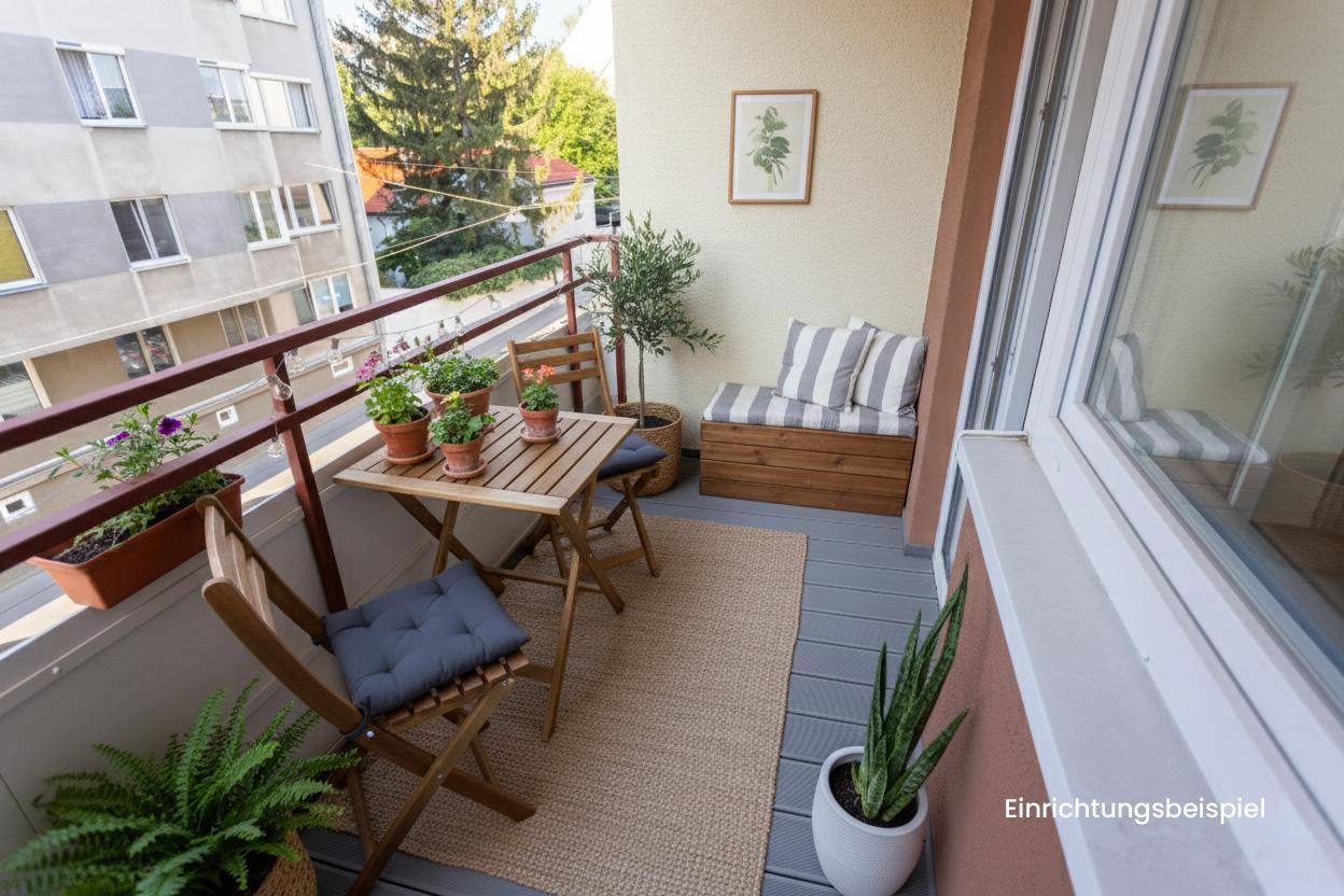 Gemütlicher Balkon mit Sitzgelegenheiten und Pflanzen, ideal für entspannte Stunden im Freien.