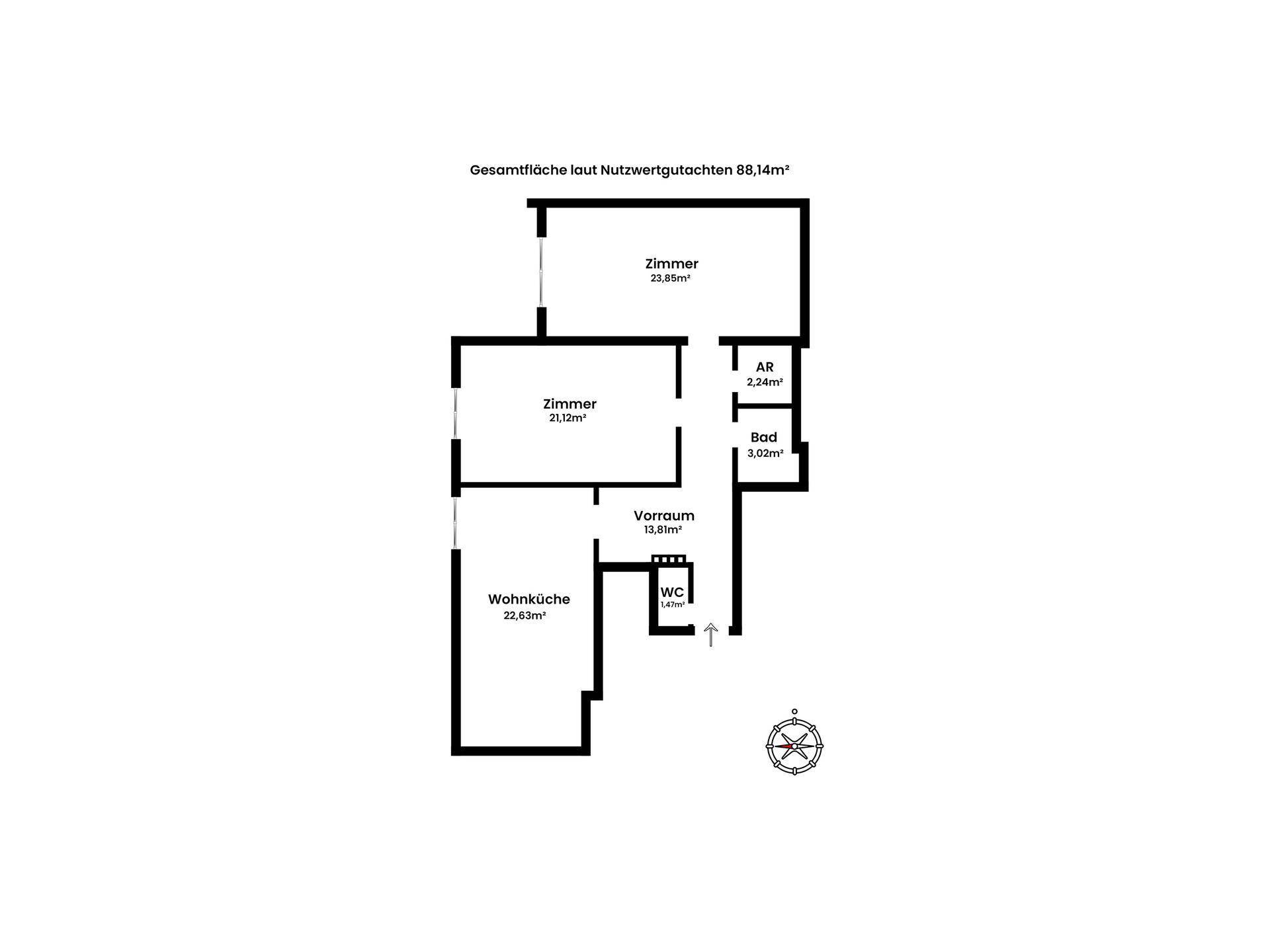 Grundriss der Wohnung mit einer Gesamtfläche von 88,14 m² und Raumaufteilung.