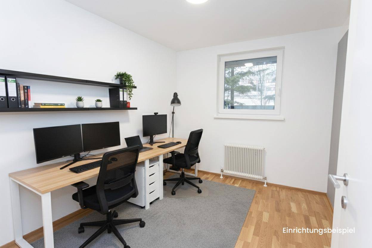 Modern eingerichtetes Arbeitszimmer mit zwei Schreibtischen und Computern, als Einrichtungsbeispiel.