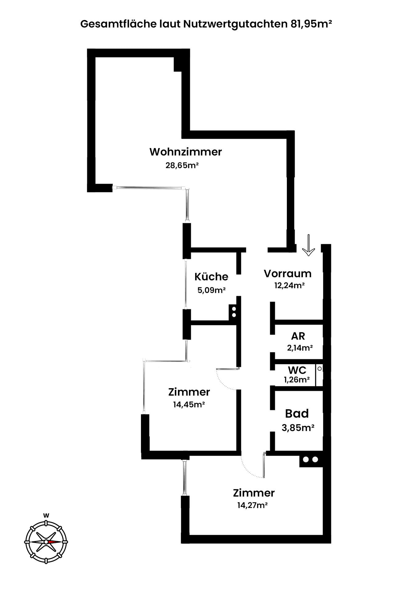 Übersichtlicher Grundriss der Wohnung mit klarer Raumaufteilung und Flächenangaben.
