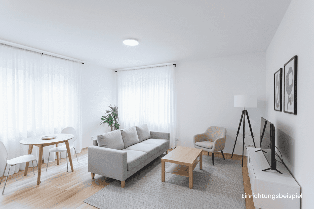 Offener Wohn- und Essbereich mit Sofa, Esstisch und großen Fenstern, als Einrichtungsbeispiel.