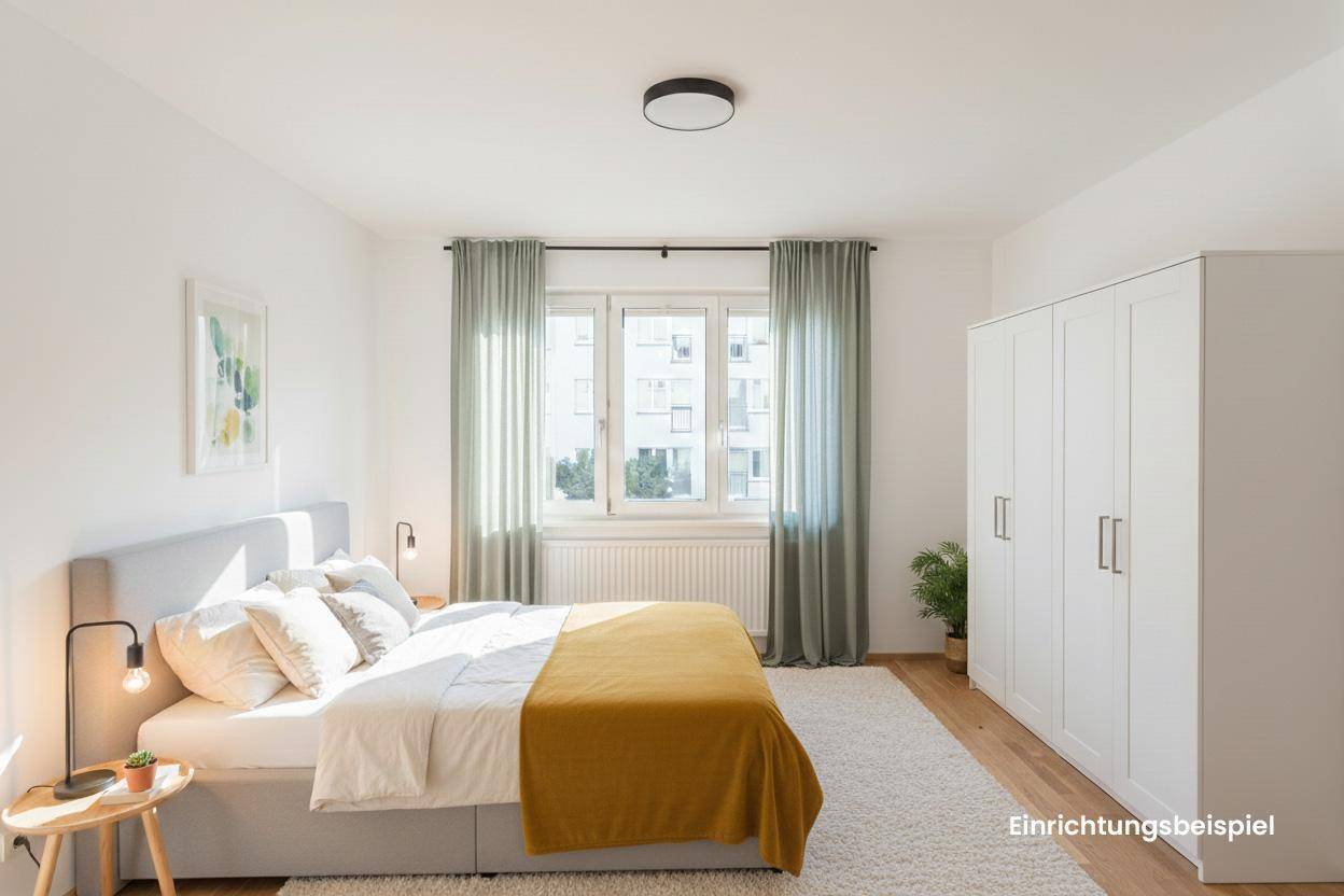 Helles Schlafzimmer mit Doppelbett, weißem Kleiderschrank und Blick ins Grüne.