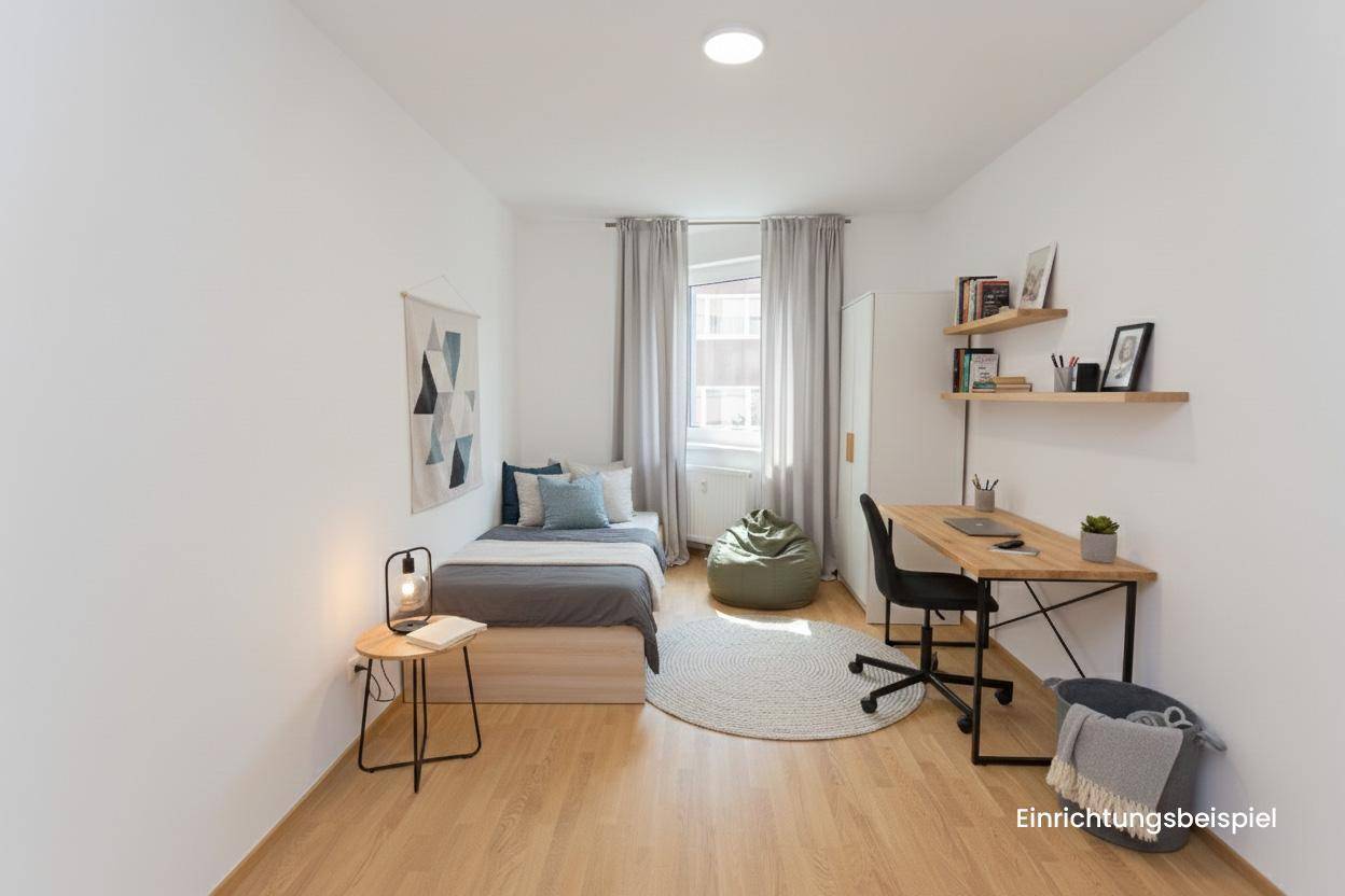 Modern eingerichtetes Schlafzimmer mit Bett, Schreibtisch und hellem Parkettboden, als Einrichtungsbeispiel.
