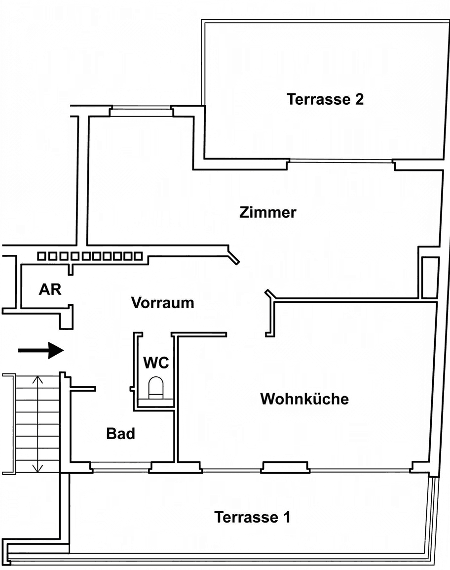 Grundriss einer Wohnung mit zwei Terrassen, Wohnküche, Bad, WC und einem Zimmer.