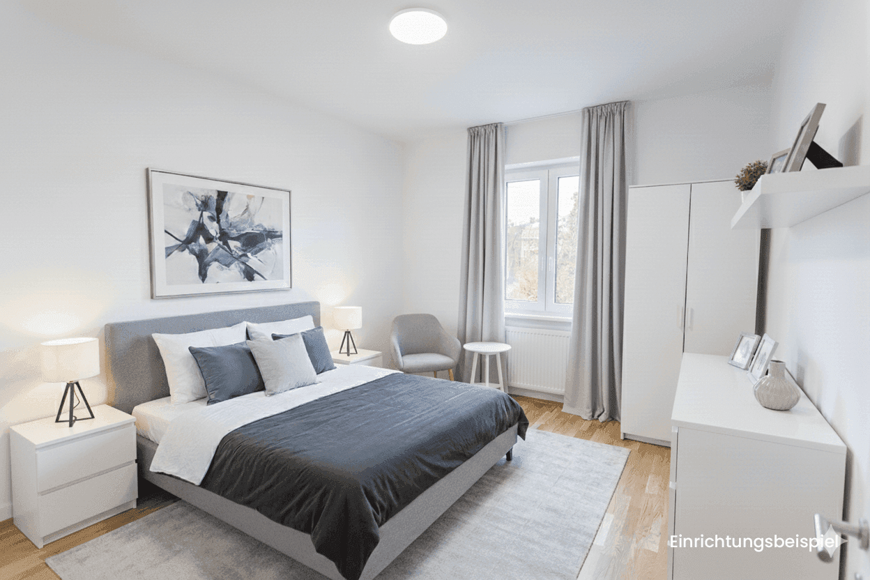 Modern eingerichtetes Schlafzimmer mit Doppelbett, Nachttischen und Kleiderschrank.