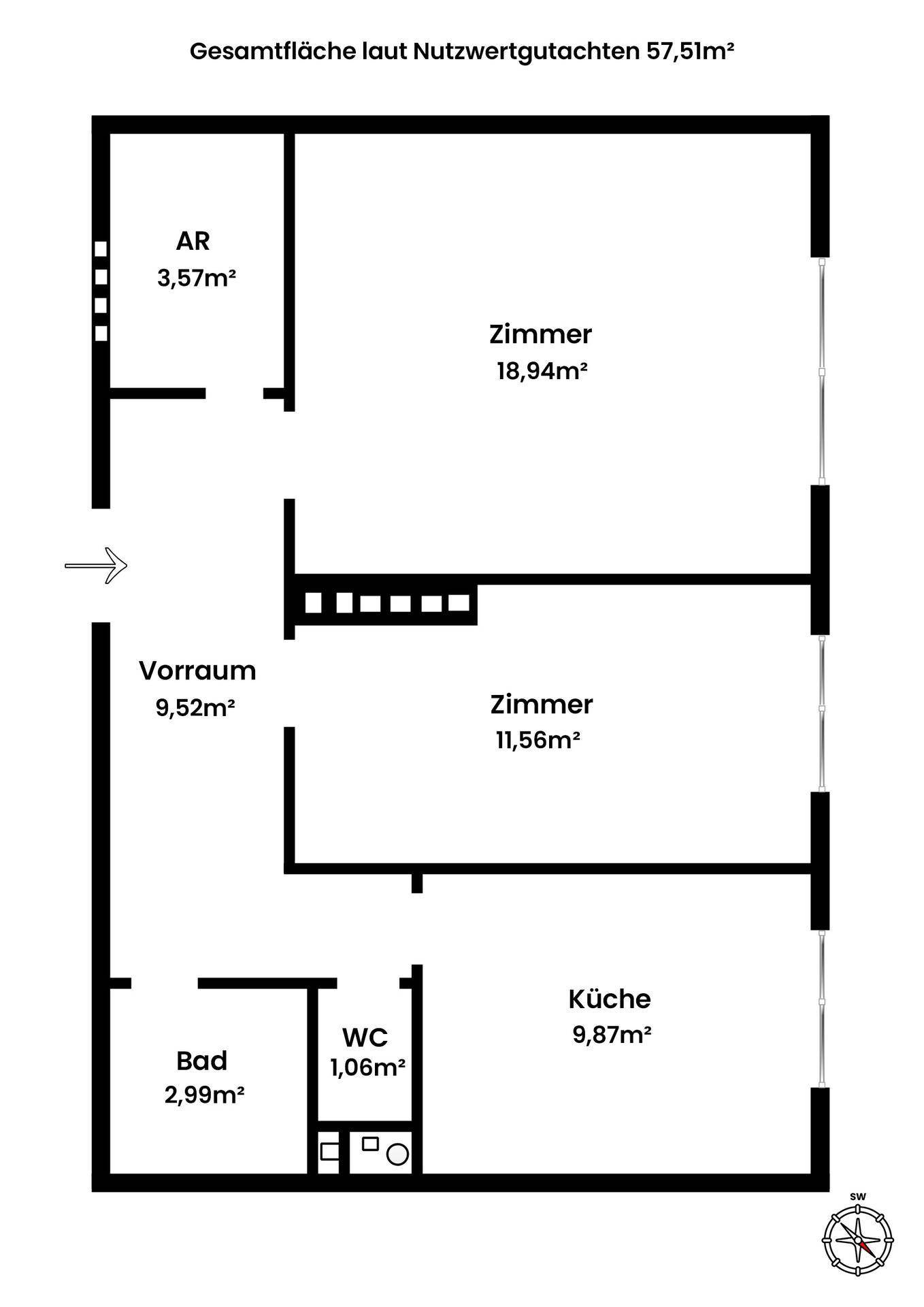 Grundriss der Wohnung mit Raumaufteilung und Flächenangaben in Quadratmetern.