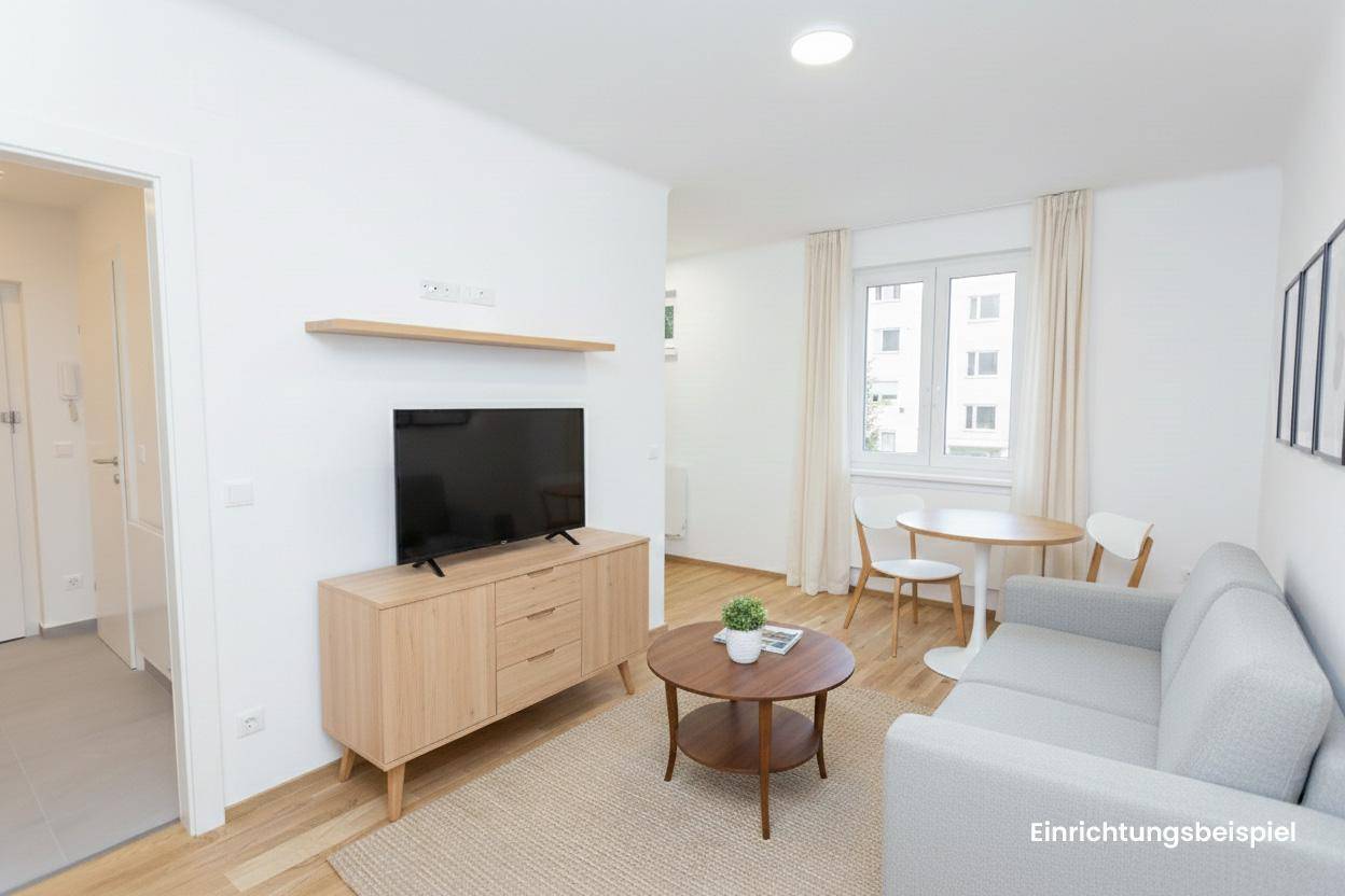 Gemütliches Wohnzimmer mit Sofa, Couchtisch, TV-Möbel und kleinem Essbereich.