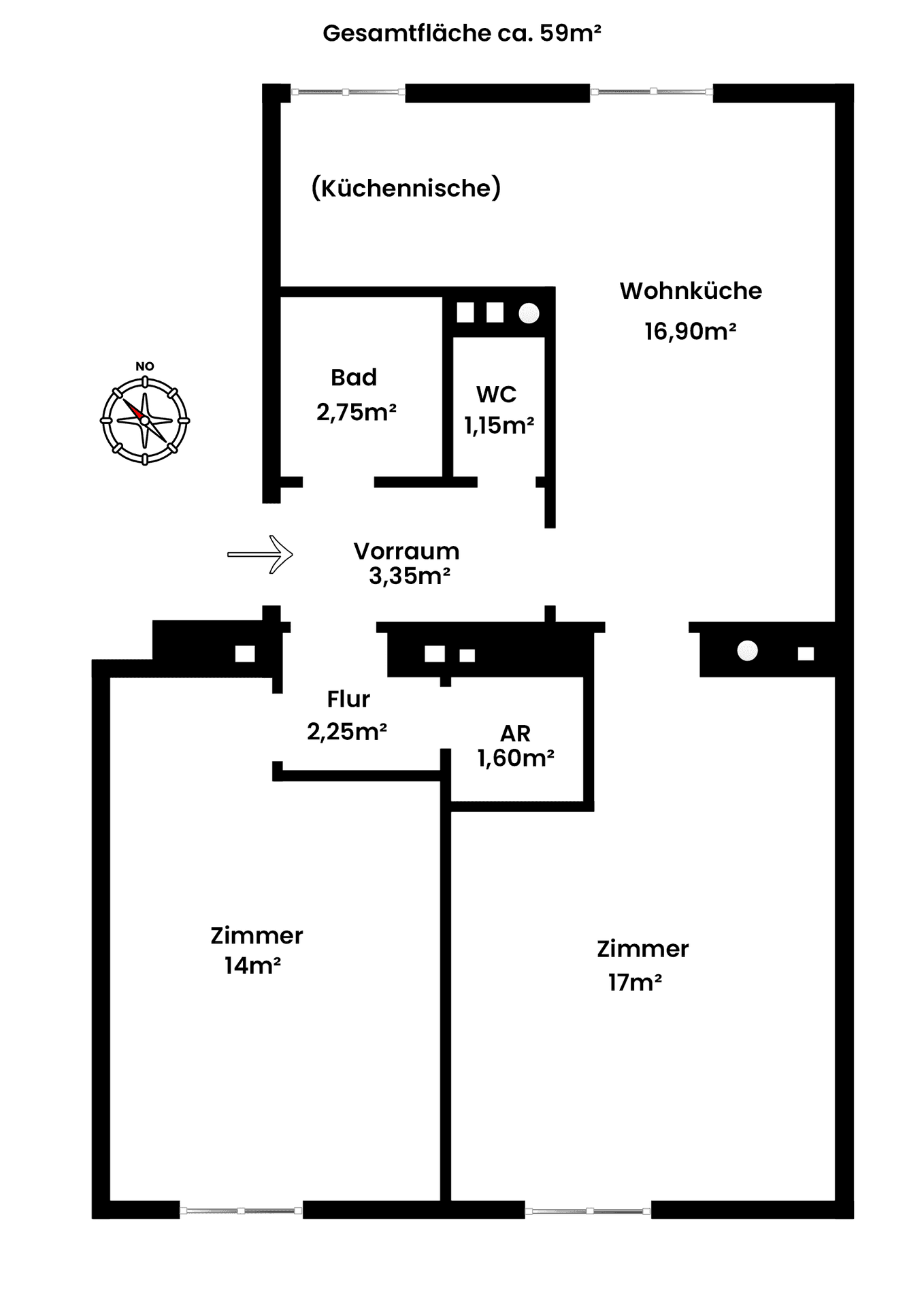 Grundriss einer Wohnung mit Wohnküche, zwei Zimmern, Bad und separatem WC.