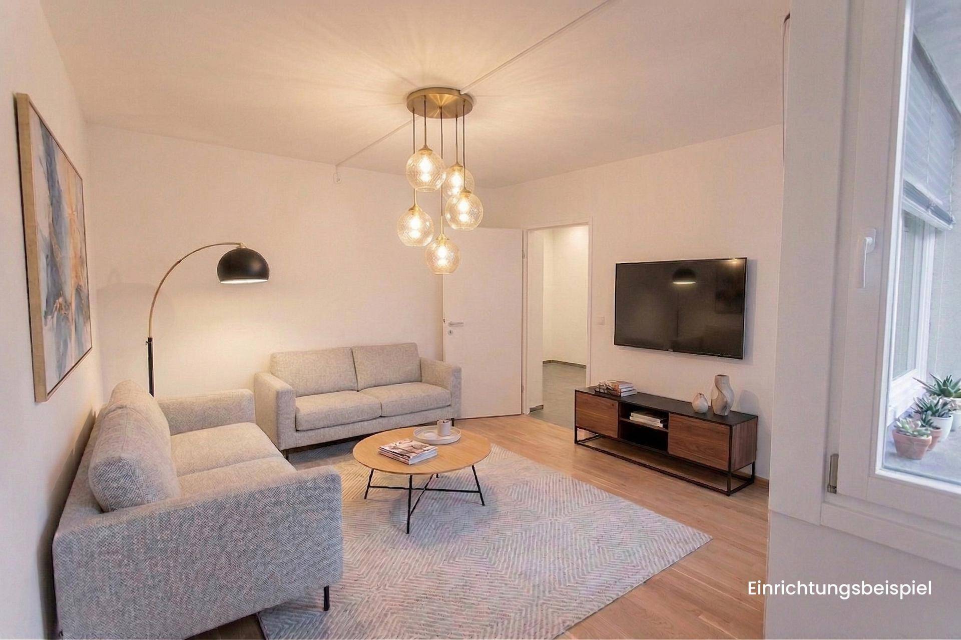 Gemütliches Wohnzimmer mit zwei Sofas, Couchtisch und Fernseher, als modernes Einrichtungsbeispiel.