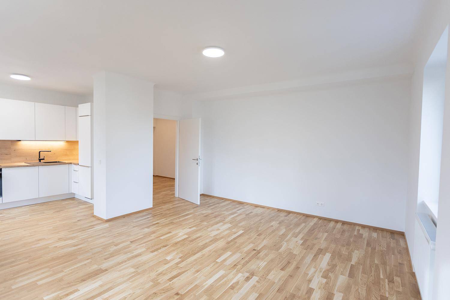 Geräumiger Wohnbereich mit offener Küche, hellem Holzparkett und viel Tageslicht.