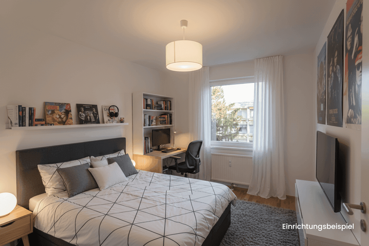 Helles Schlafzimmer mit modernem Bett, Schreibtisch und Blick ins Grüne durch das Fenster.