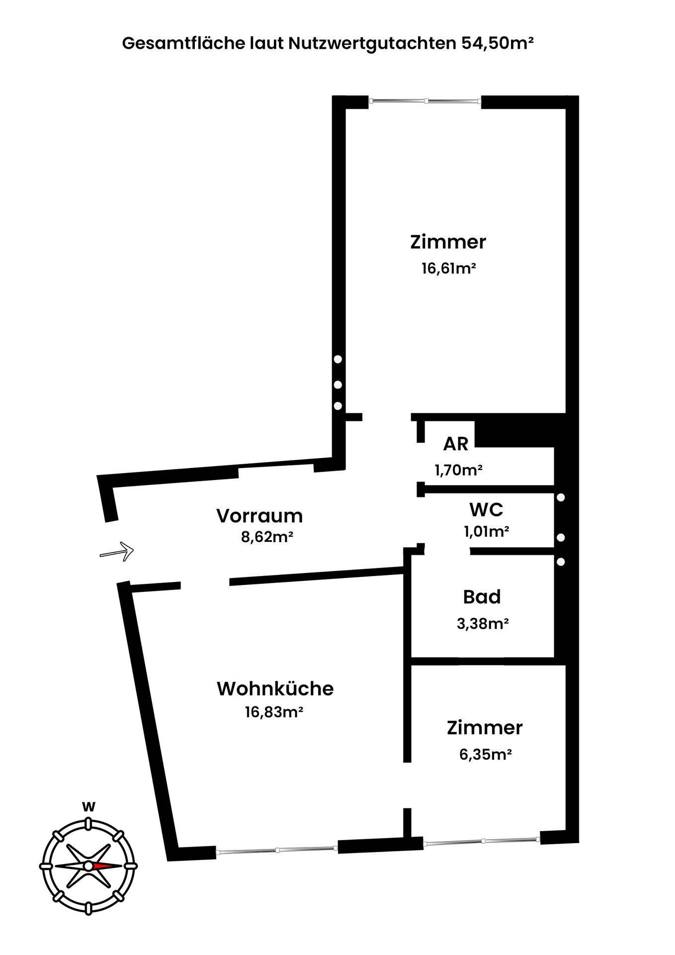 Grundriss einer Wohnung mit Wohnküche, zwei Zimmern, Bad und separatem WC.