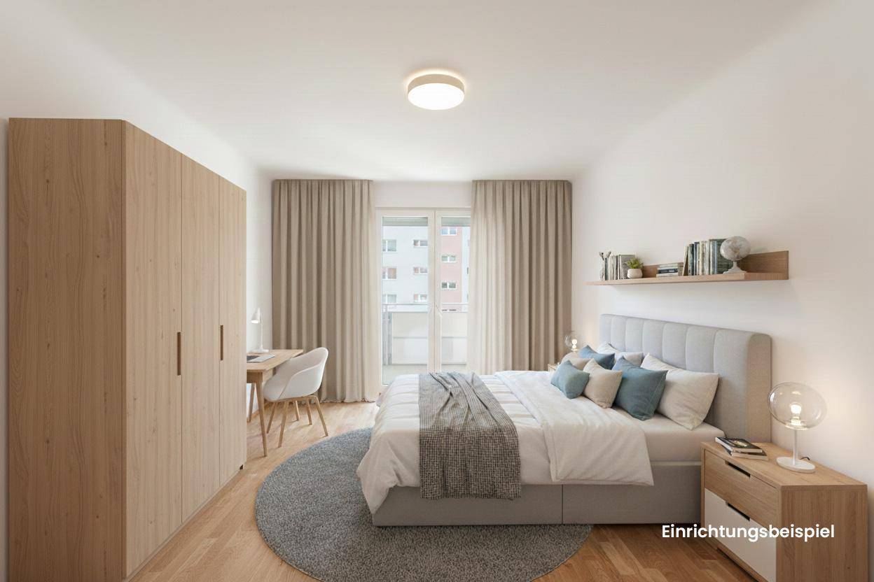 Modernes Schlafzimmer mit Bett, Schreibtisch, Kleiderschrank und Balkonzugang.