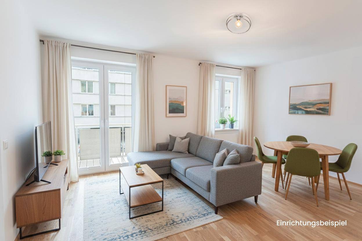 Visualisierung eines gemütlichen Wohnzimmers mit Sofa, Esstisch und Balkonzugang.