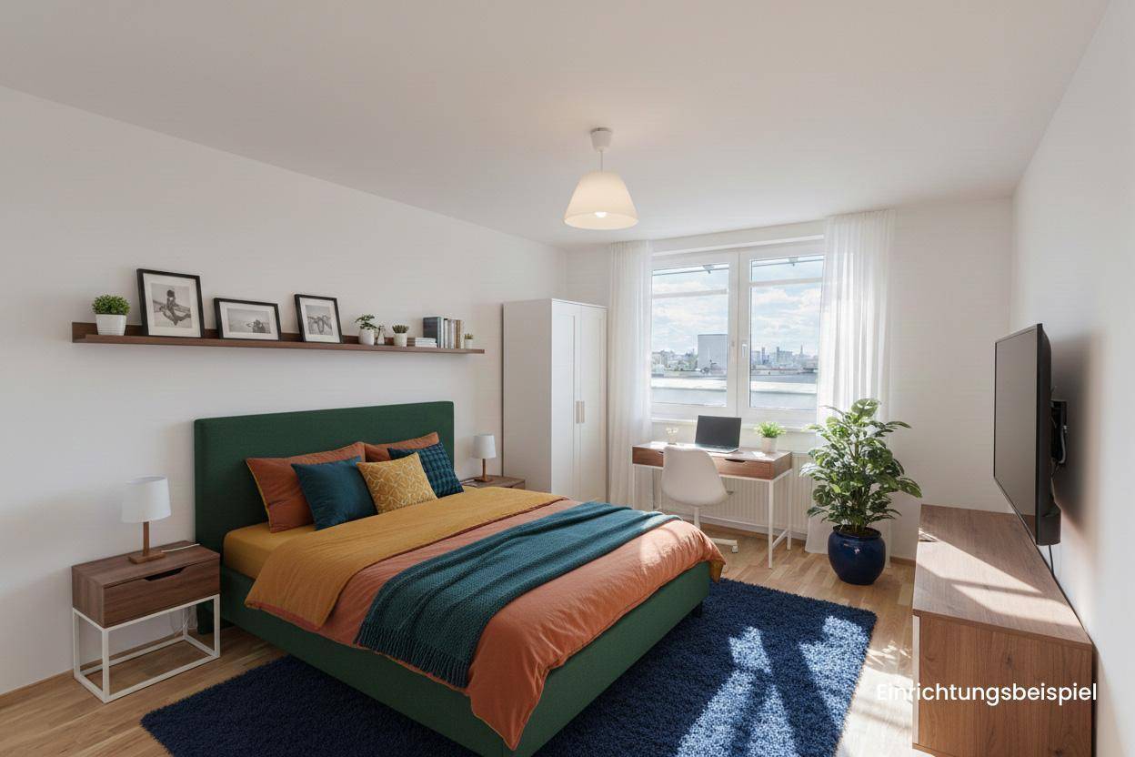 Modernes Schlafzimmer mit farbenfroher Dekoration, Schreibtisch und Stadtblick.