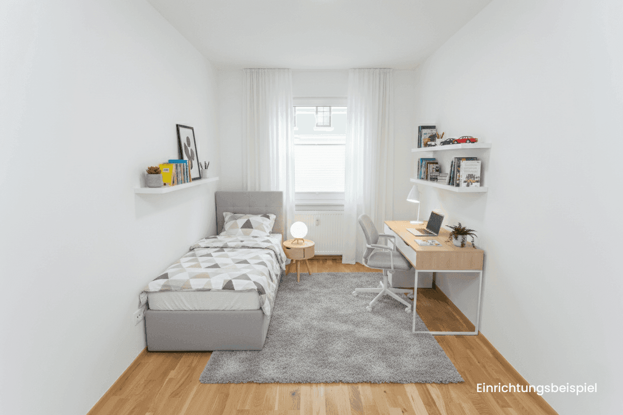Modern eingerichtetes Schlafzimmer mit Einzelbett, Schreibtisch und Parkettboden, als Einrichtungsbeispiel.