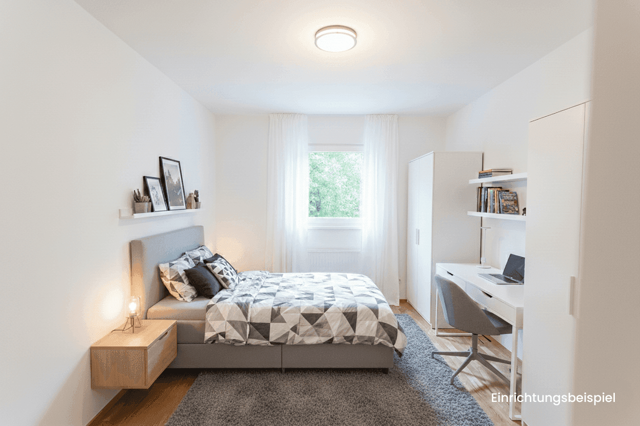 Helles Schlafzimmer mit Holzboden, Schreibtisch und modernem Dekor, als Einrichtungsbeispiel dargestellt.