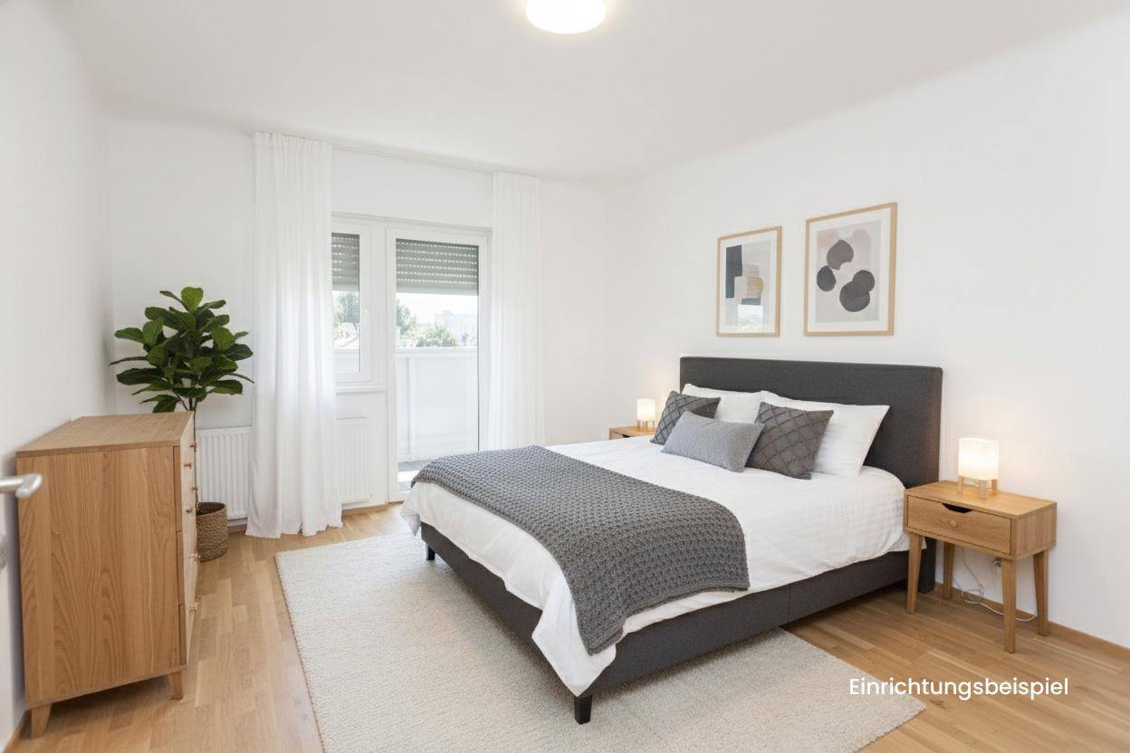 Modernes Schlafzimmer mit Doppelbett, Holzboden und Zugang zum Balkon.