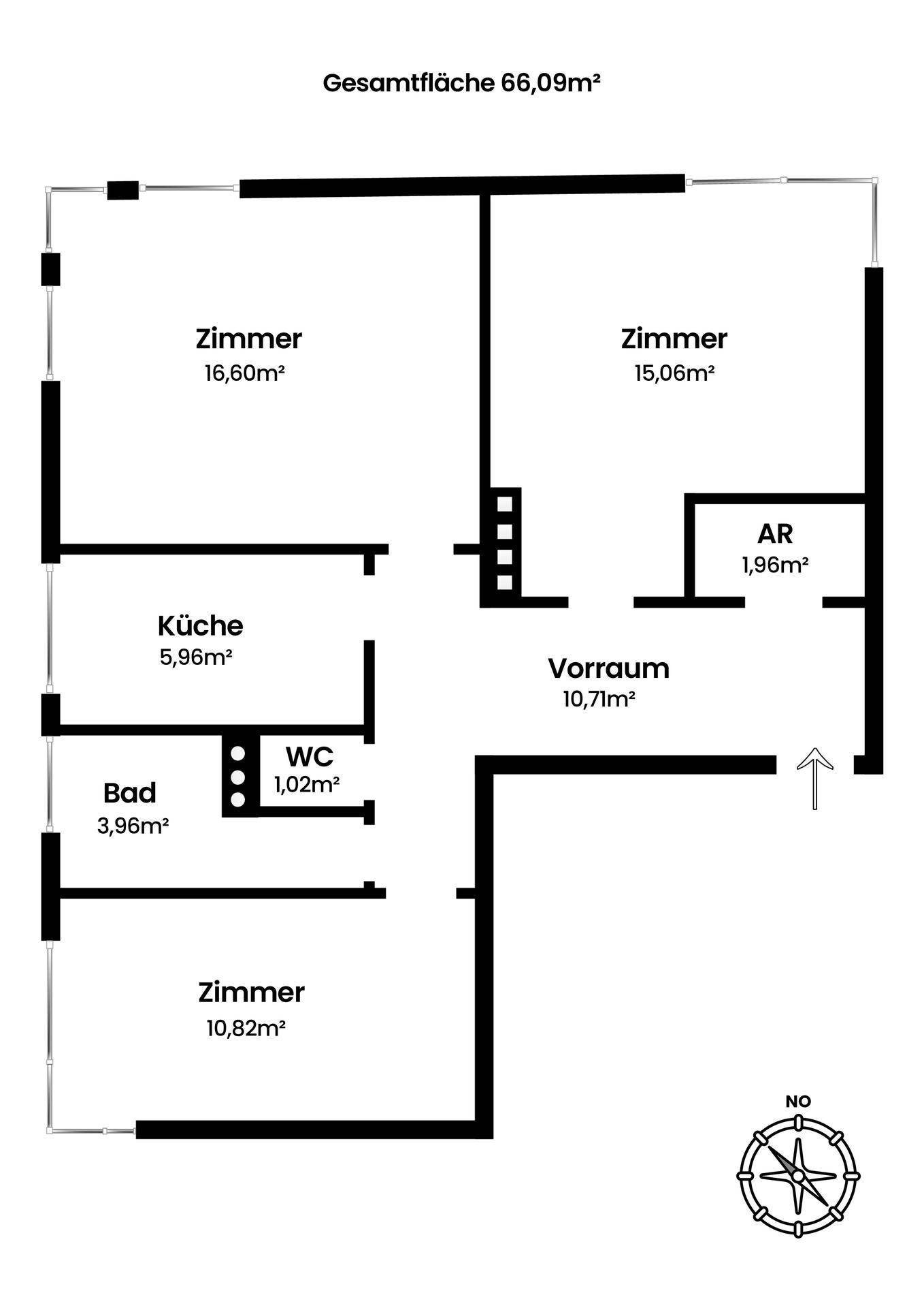Grundriss einer Wohnung mit mehreren Zimmern, Küche, Bad und separatem WC auf 66,09m² Gesamtfläche.