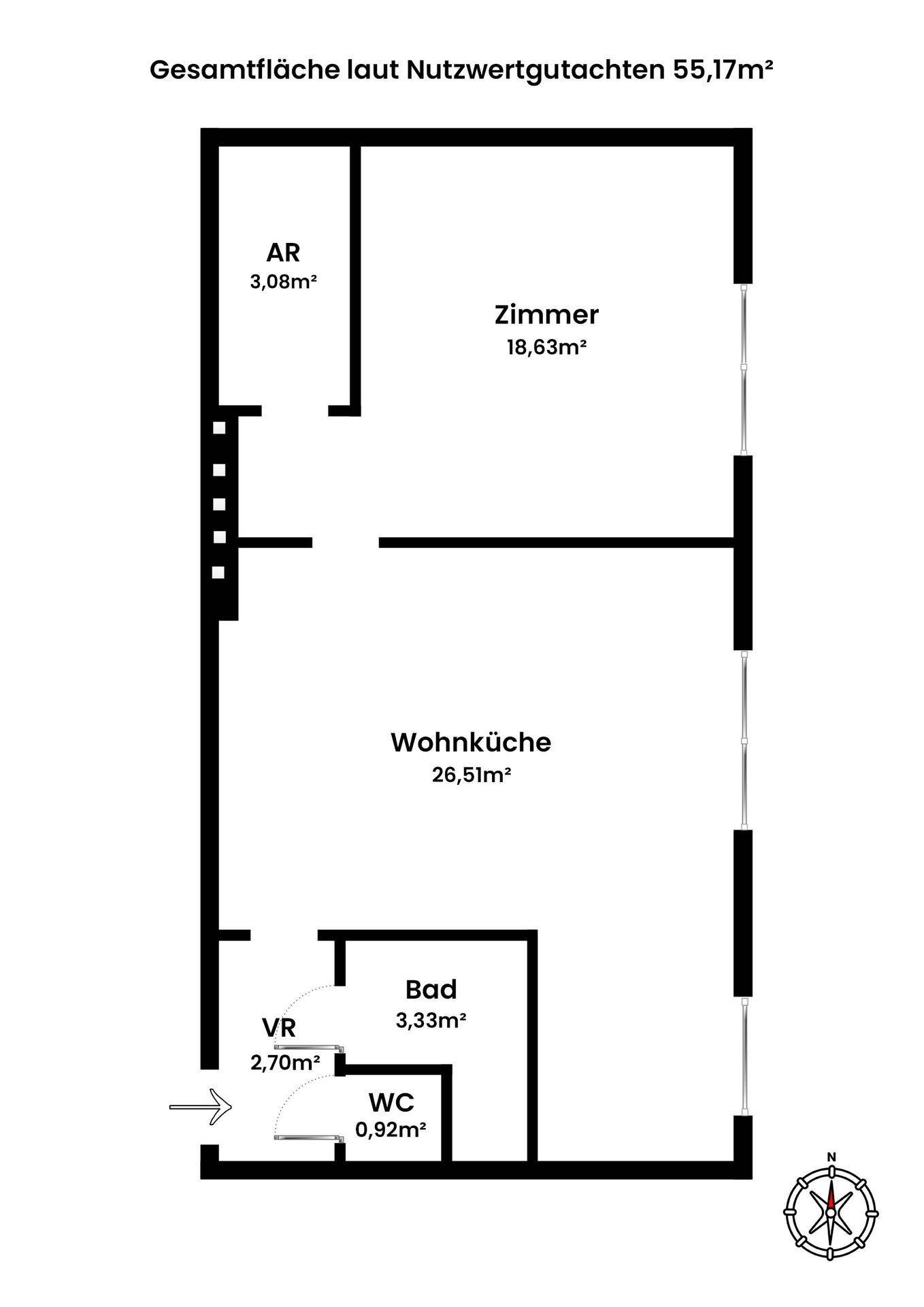 Grundriss der Wohnung mit einer Gesamtfläche von 55,17m², aufgeteilt in Wohnküche, Zimmer und Nassbereiche.