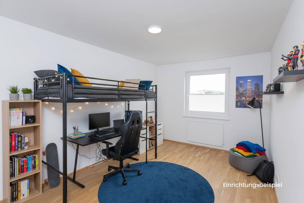 Kinderzimmer mit Hochbett, Schreibtisch und Eichenparkett, modern und funktional eingerichtet.