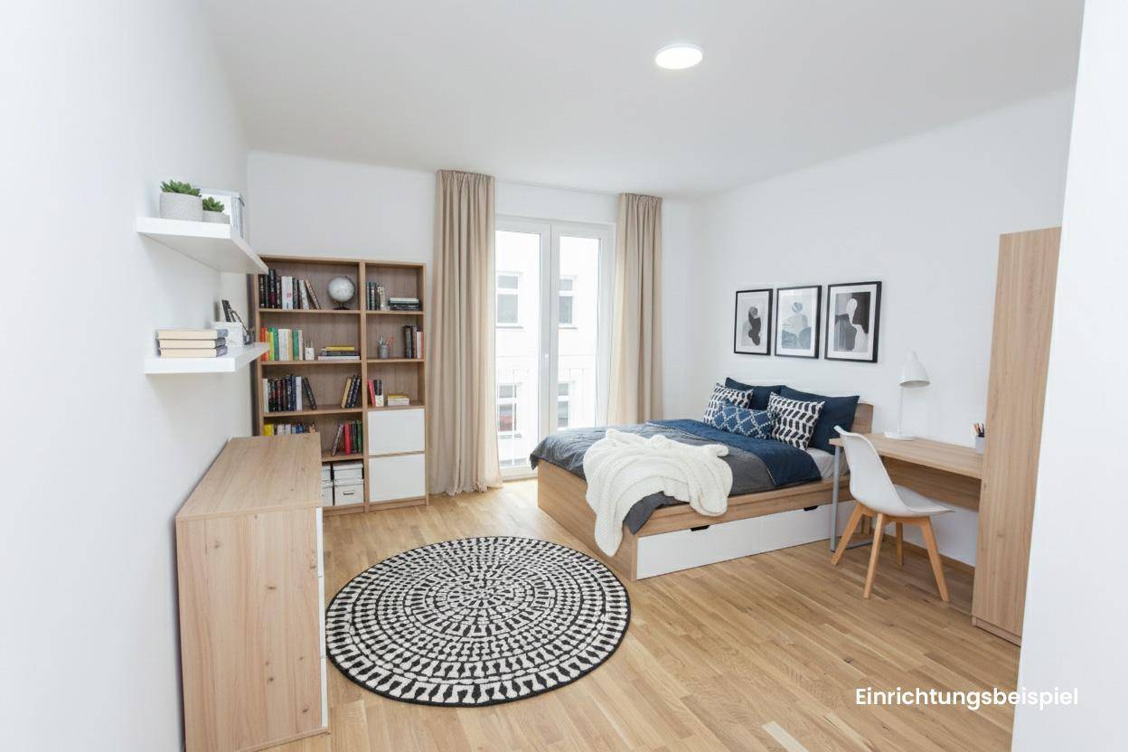 Modern eingerichtetes Schlafzimmer mit Holzboden, Bett und Schreibtisch, als Einrichtungsbeispiel.