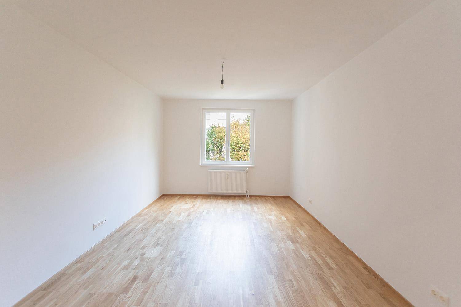 Leeres, helles Zimmer mit Holzboden und großem Fenster, ideal für Schlaf- oder Wohnzimmer.