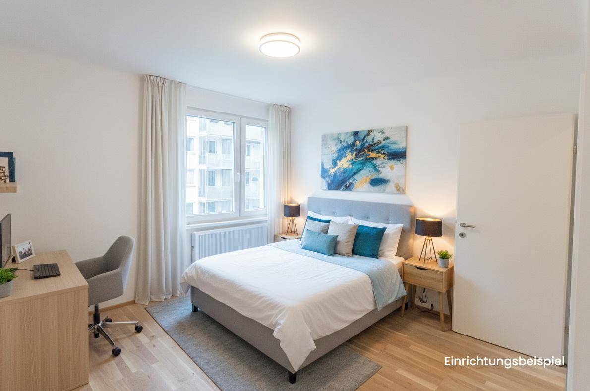 Modern eingerichtetes Schlafzimmer mit Doppelbett, Schreibtisch und großem Fenster für viel Tageslicht.