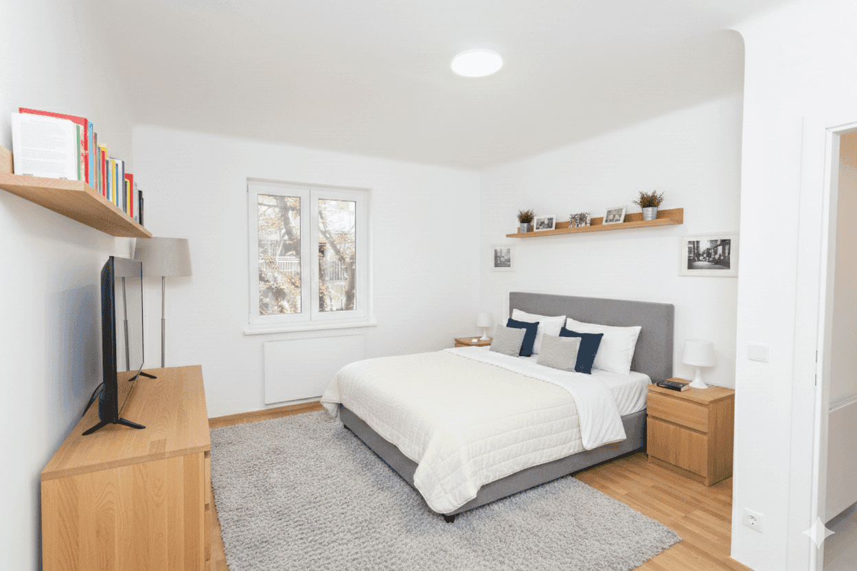 Gemütliches Schlafzimmer mit Doppelbett, Holzboden und Fenster, das viel Tageslicht hereinlässt.