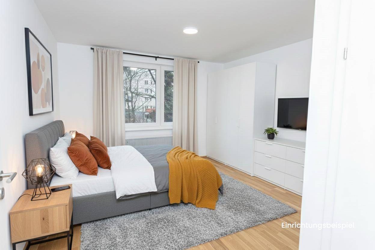 Modern eingerichtetes Schlafzimmer mit Doppelbett, Nachttisch und Kleiderschrank, als Einrichtungsbeispiel.
