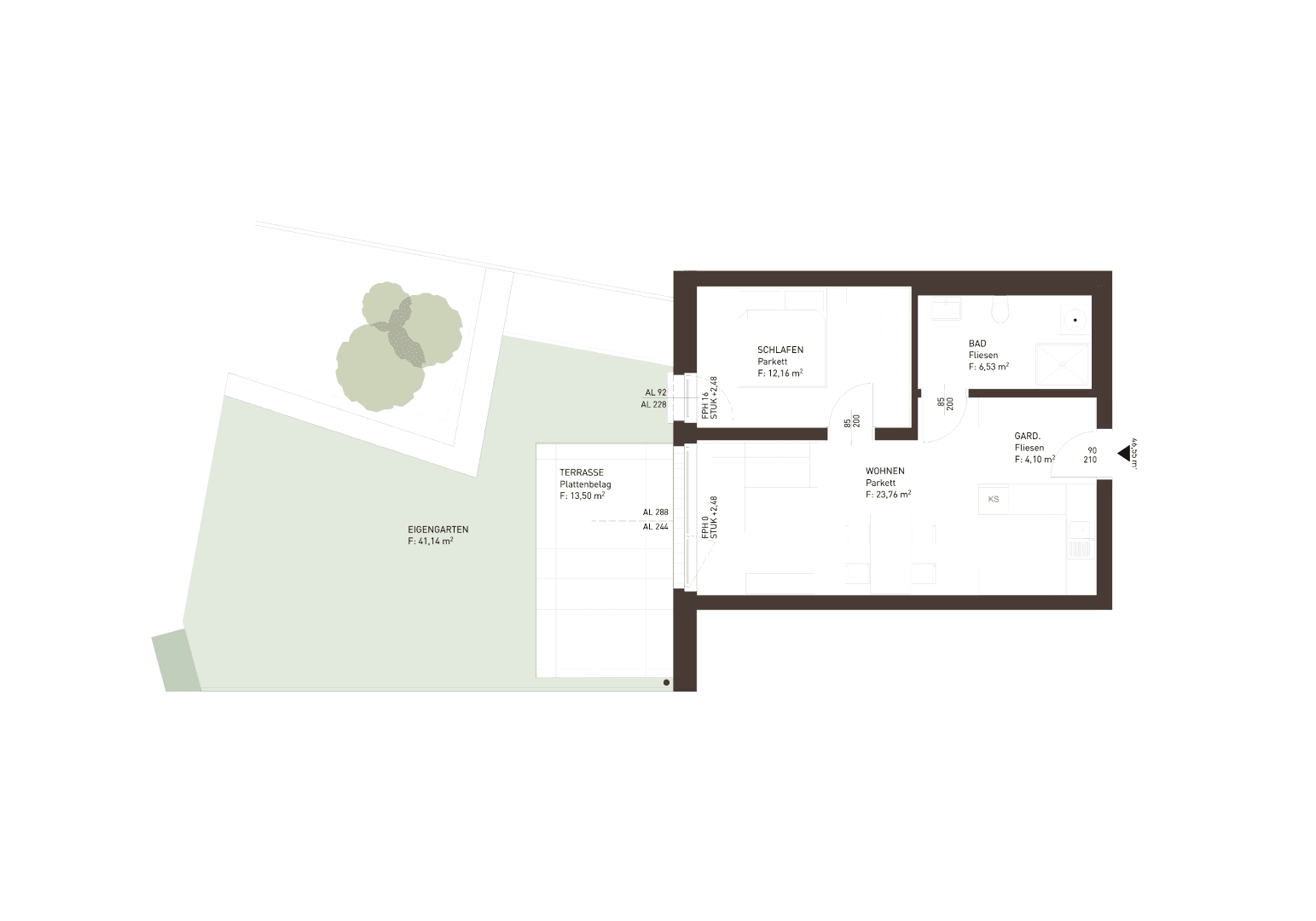 Grundriss einer Wohnung mit Schlafzimmer, Wohnbereich, Bad, Terrasse und Garten.
