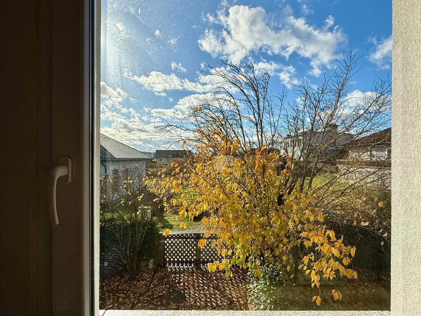 Blick aus dem Fenster auf den herbstlichen Garten und die umliegende Natur.