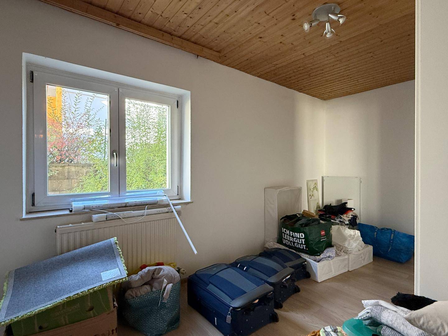 Schlafzimmer mit Holzdecke, Laminatboden und Fenster mit Blick ins Grüne.