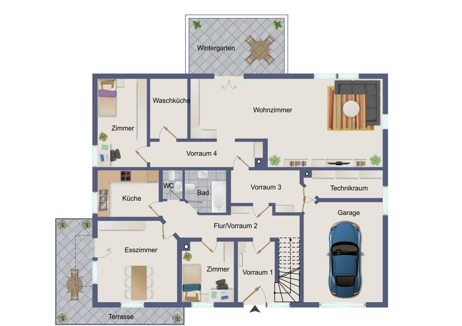 Grundriss des Erdgeschosses mit Wohnzimmer, Küche, Garage und Wintergarten.