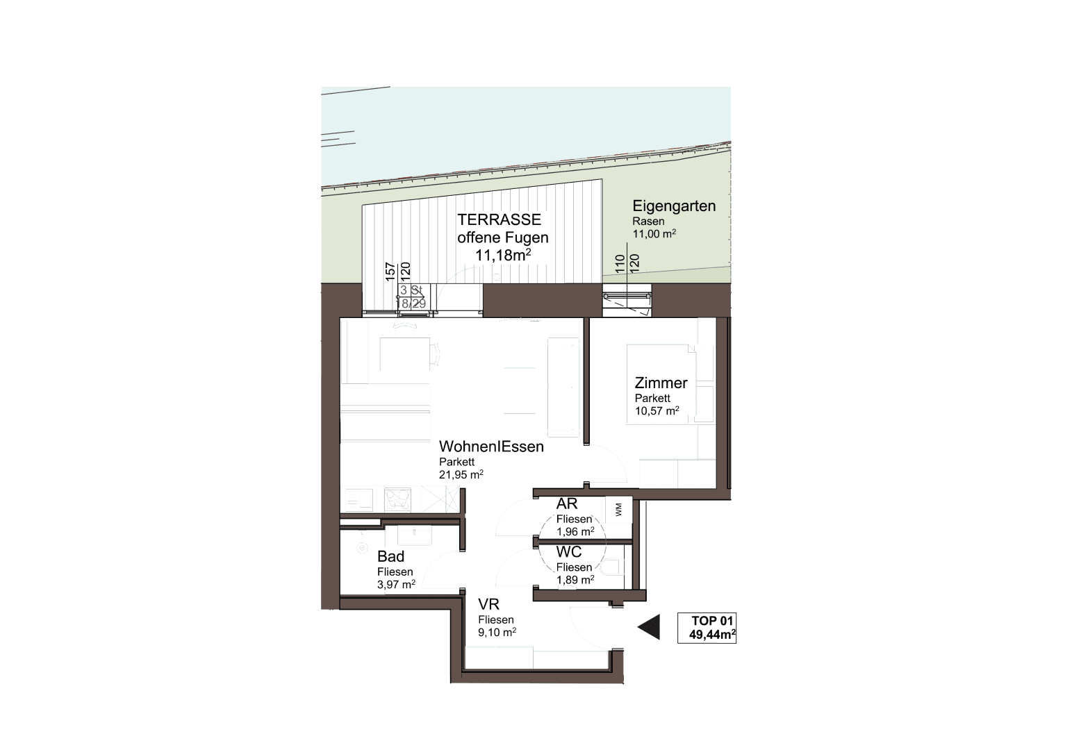 Grundriss der Wohnung TOP 01 mit Wohn-Essbereich, Schlafzimmer, Bad und Terrasse.