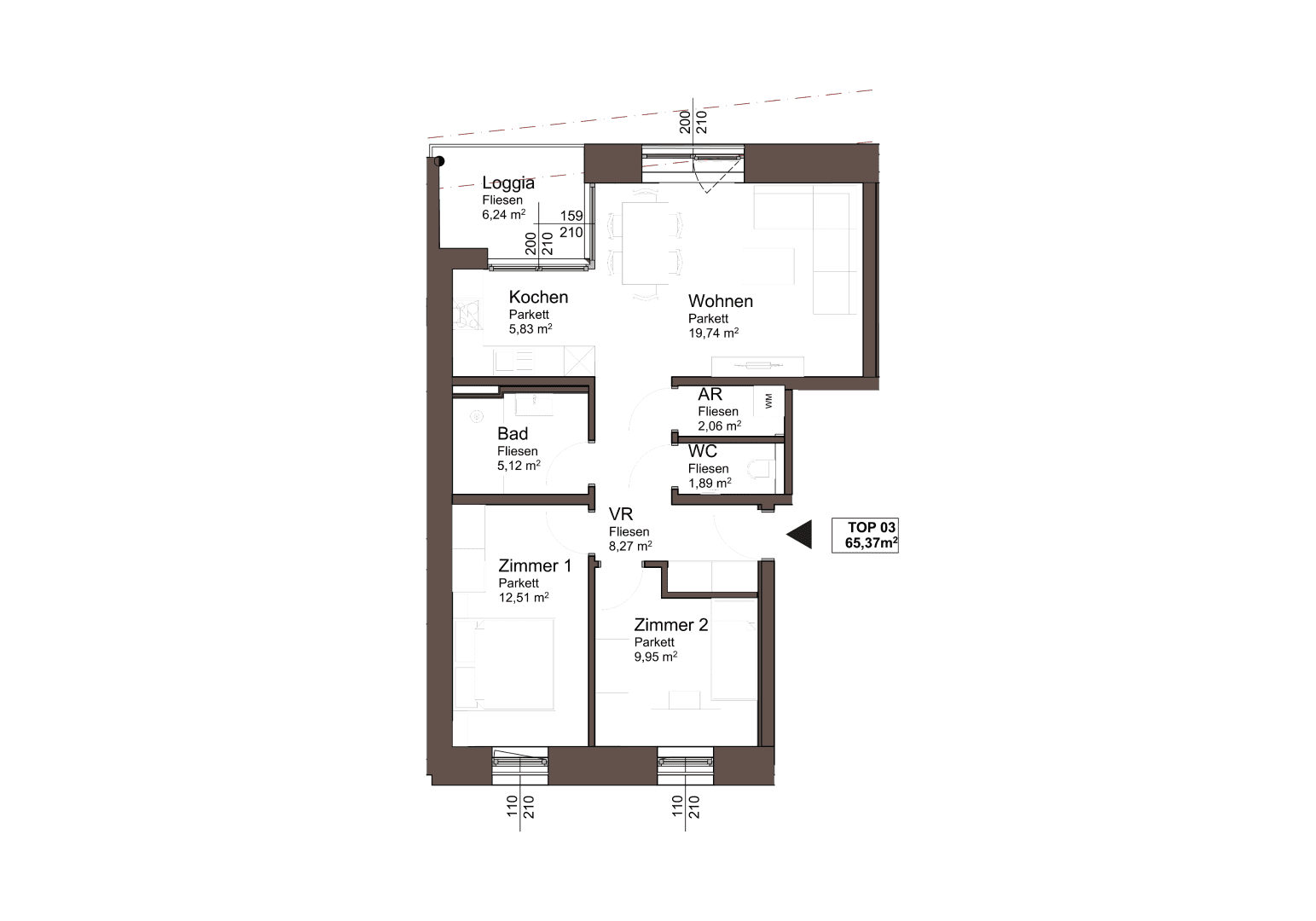 Grundriss der Wohnung TOP 03 mit Loggia, zwei Zimmern und offenem Wohnbereich.