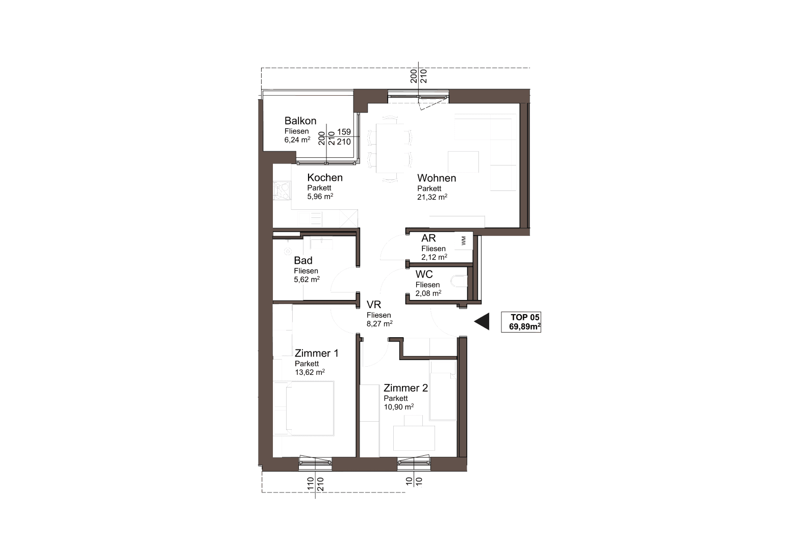 Grundriss der Wohnung TOP 05 mit zwei Zimmern, Bad, separatem WC und Balkon.