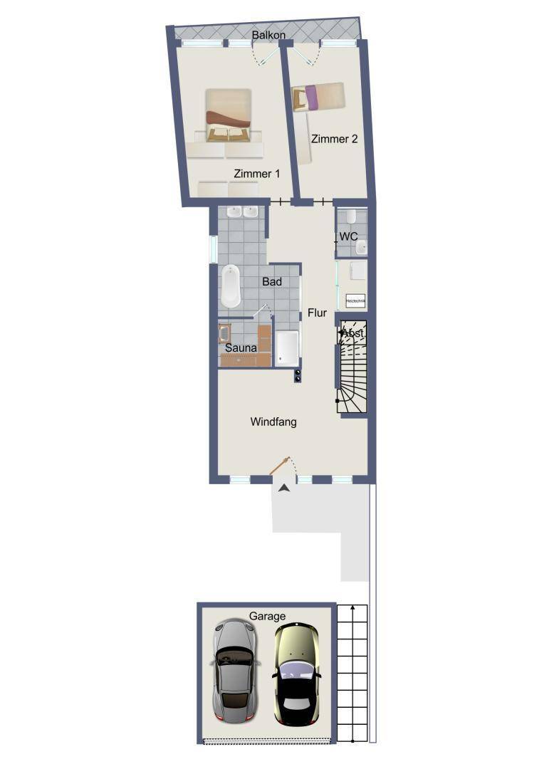 Grundriss des Erdgeschosses mit zwei Schlafzimmern, Bad, Sauna und Garage.