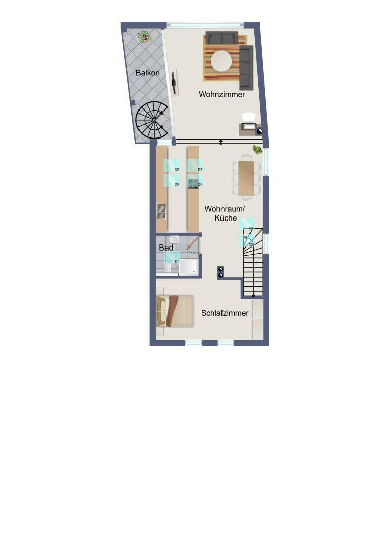 Grundriss des Obergeschosses mit Wohnzimmer, Küche, Essbereich und Balkon.