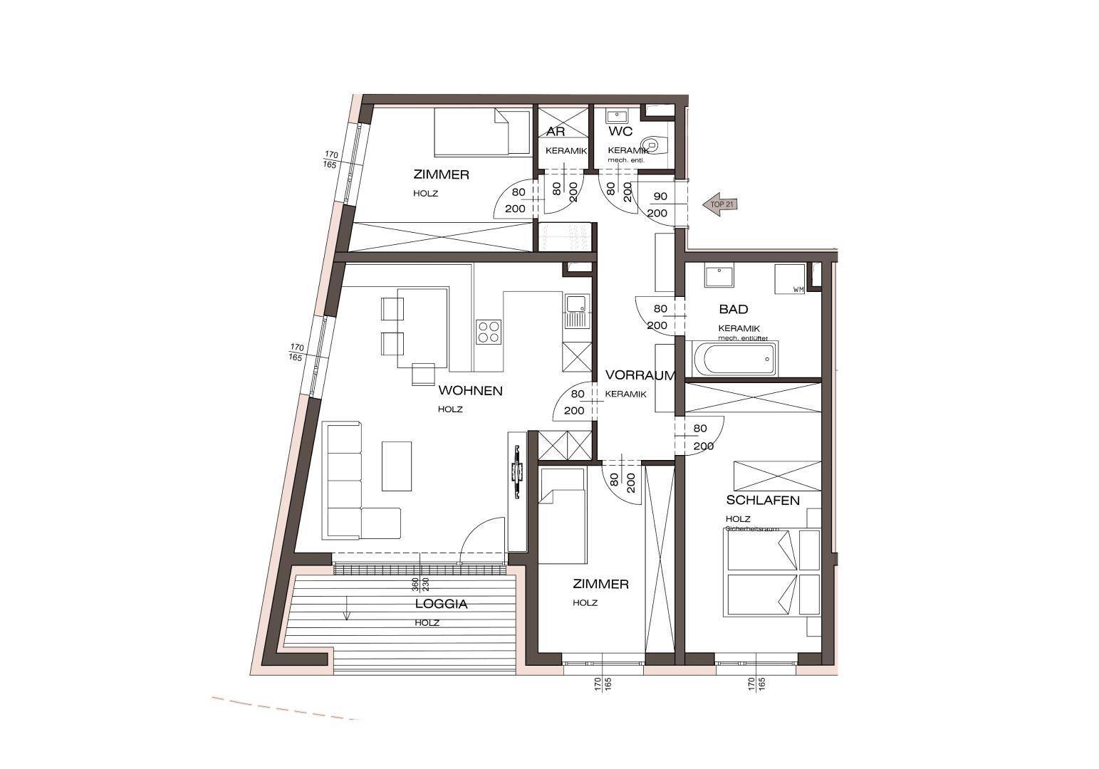 Grundriss einer Wohnung mit Wohnbereich, Loggia, zwei Zimmern und zwei Bädern.