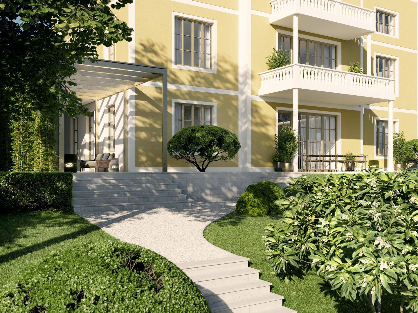Geschwungener Gartenweg mit Treppen, Hecken und einer überdachten Terrasse neben der eleganten Villa.