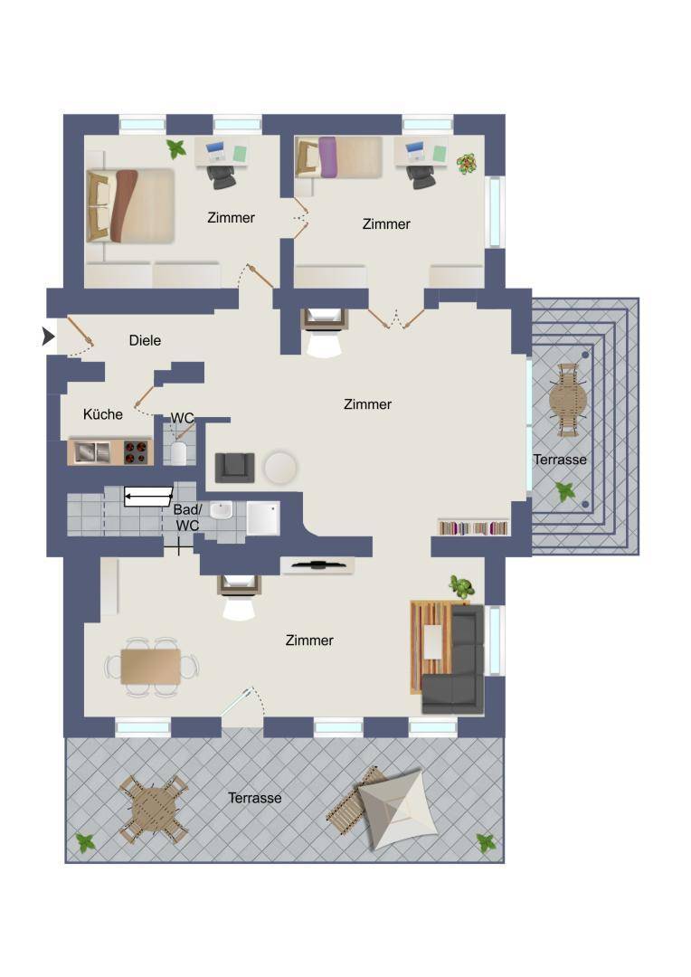 Grundriss einer Wohnung mit drei Zimmern, separater Küche, Bad und zwei großzügigen Terrassen.