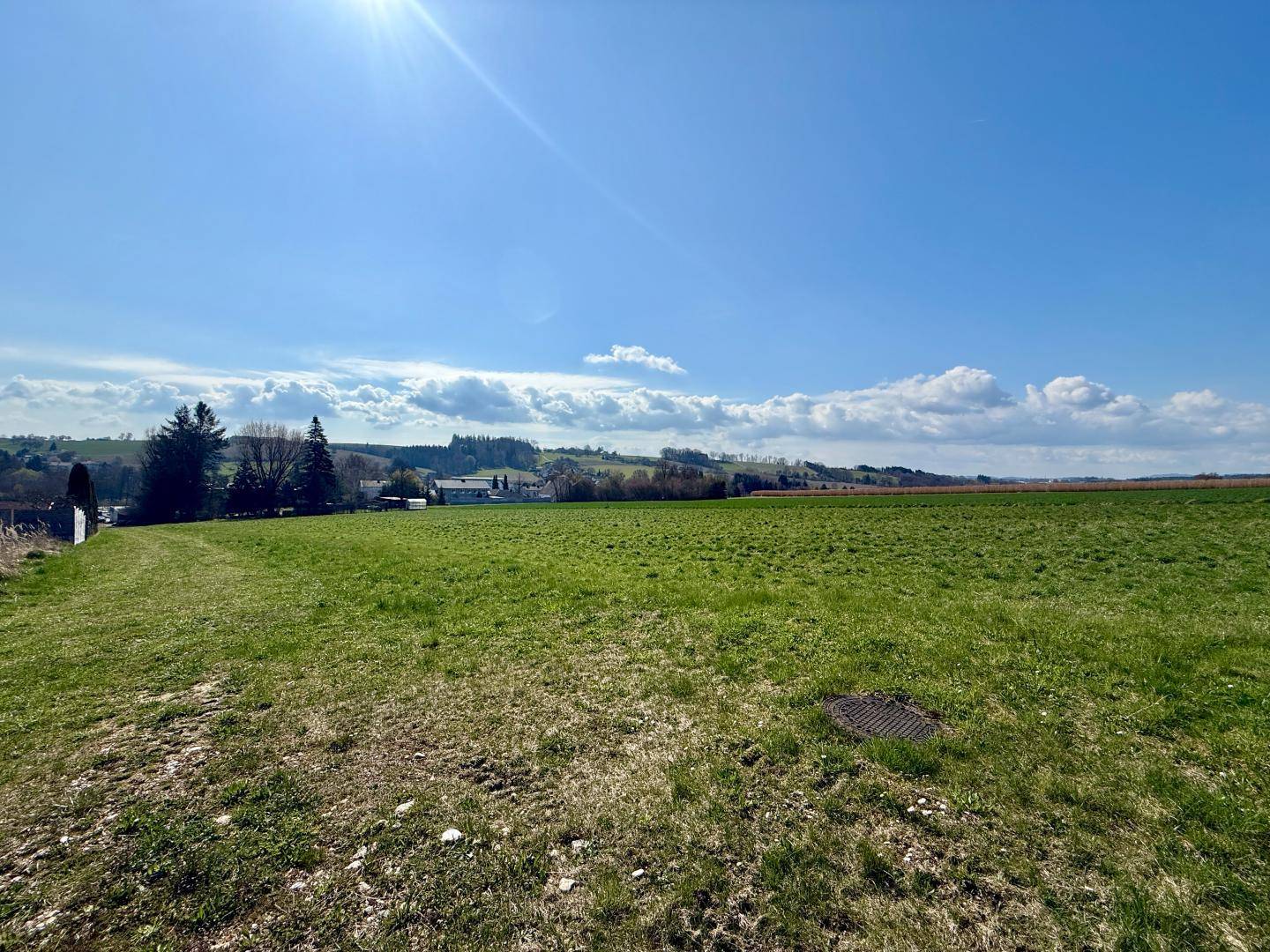 Weitläufiges grünes Feld unter einem klaren blauen Himmel mit Blick auf die ländliche Umgebung.