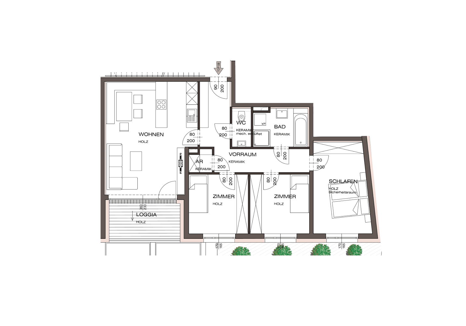 Grundriss einer Wohnung mit offenem Wohnbereich, zwei Schlafzimmern und Loggia.