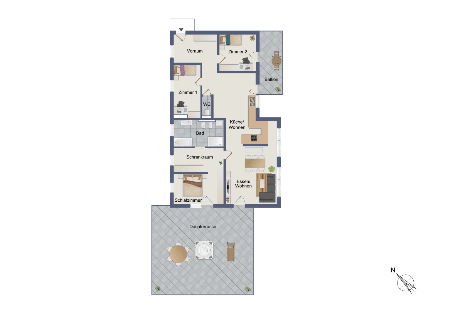 Detaillierter Grundriss einer Wohnung mit Dachterrasse, Balkon und drei Zimmern.