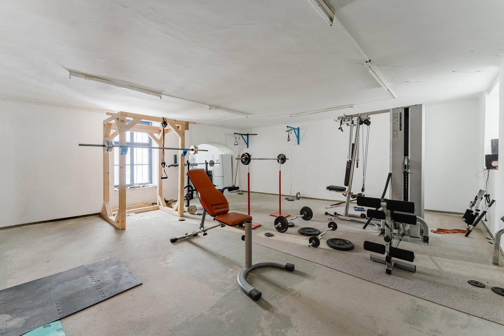 Geräumiger Fitnessraum mit verschiedenen Trainingsgeräten und einem Fenster für Tageslicht.