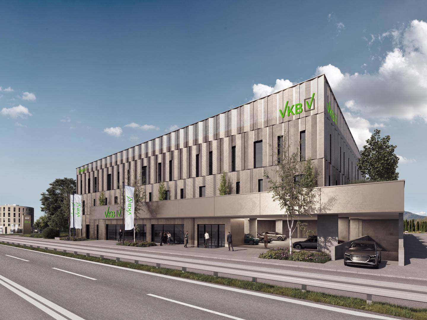 Moderne Bürogebäude-Visualisierung mit überdachtem Parkbereich, grüner Bepflanzung und Straßenansicht.