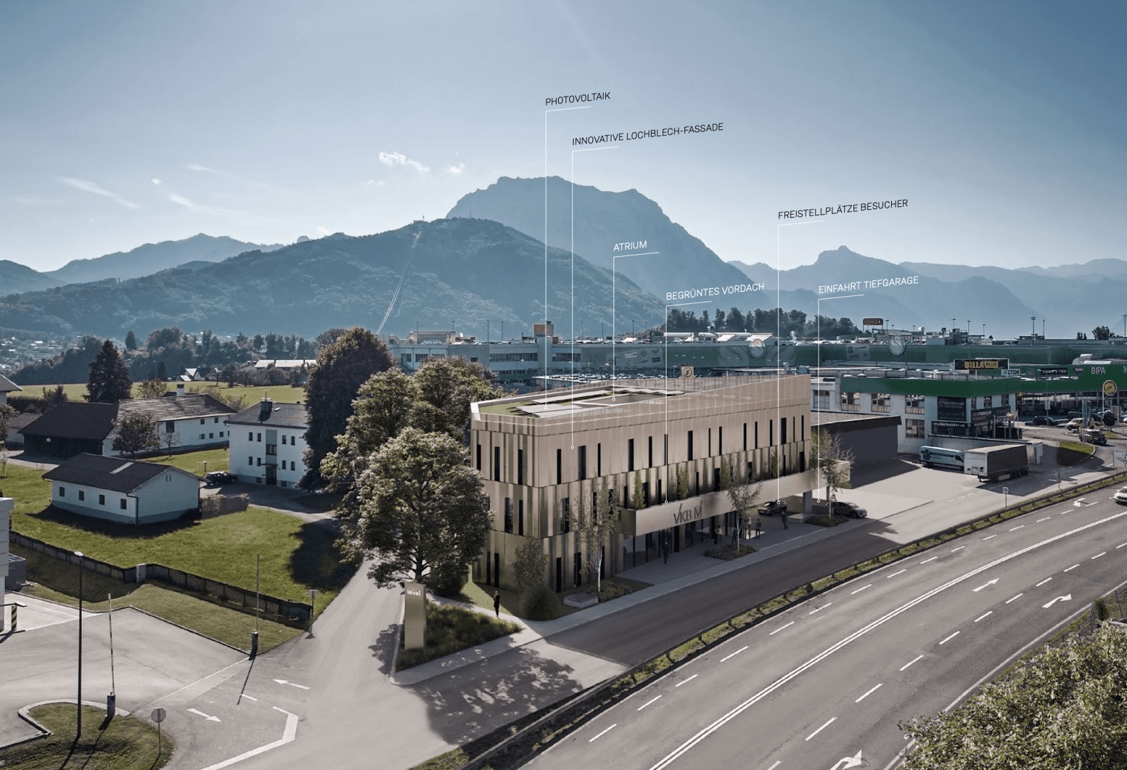 Luftaufnahme-Visualisierung des Bürogebäudes mit beschrifteten Merkmalen, Bergblick und Photovoltaikanlage.